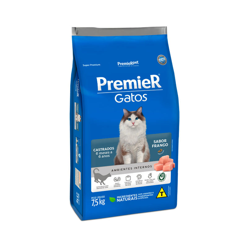 Ração Premier para Gatos Castrados de 6 meses a 6 anos Sabor Frango 7,5kg