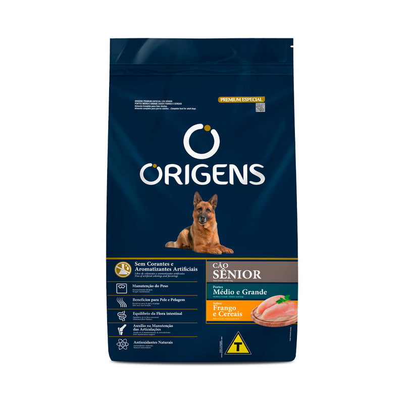 Ração Origens para Cães Sênior de Porte Médio e Grande Sabor Frango e Cereais Integrais 15kg