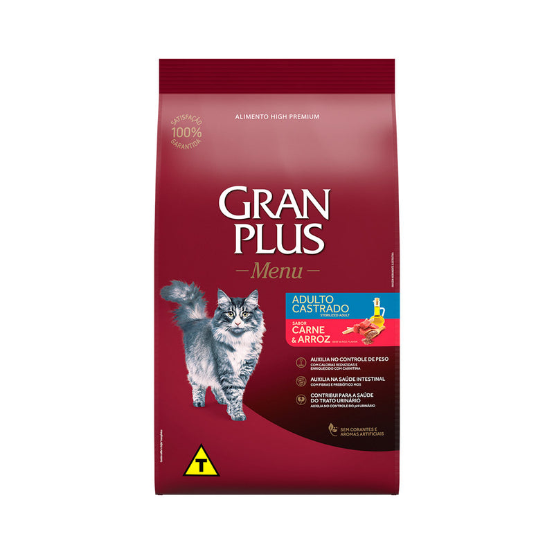Ração GranPlus para Gatos Adultos Castrados sabor Carne e Arroz 10,1kg