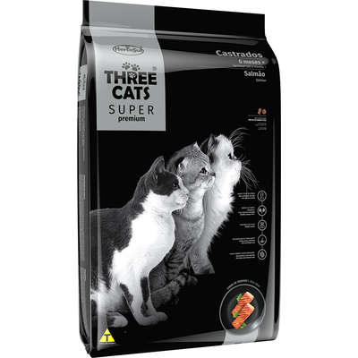 Ração Seca Three Cats Super Premium Salmão para Gatos Castrados 6 Meses + 15kg