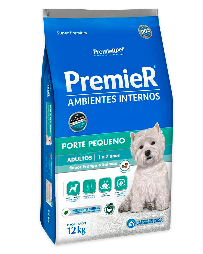 Ração Premier Ambientes Internos para Cães Adultos Sabor Frango e Salmão 12kg