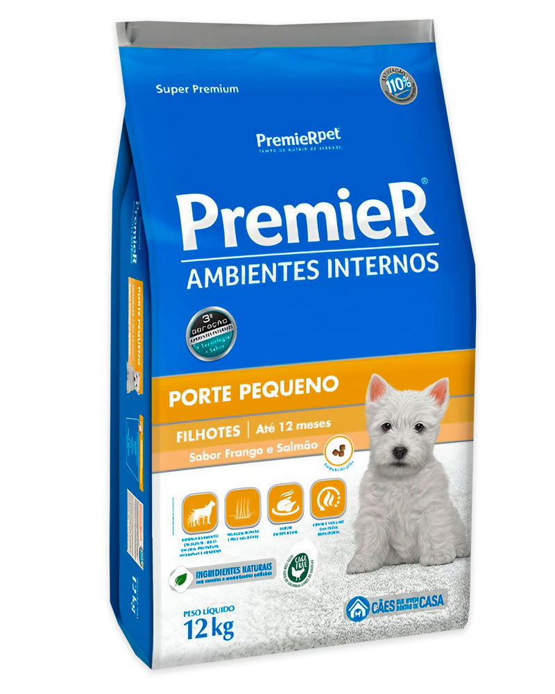 Ração Premier para Cães Filhotes de Raças Pequenas Ambientes Internos Sabor Frango e Salmão 12kg