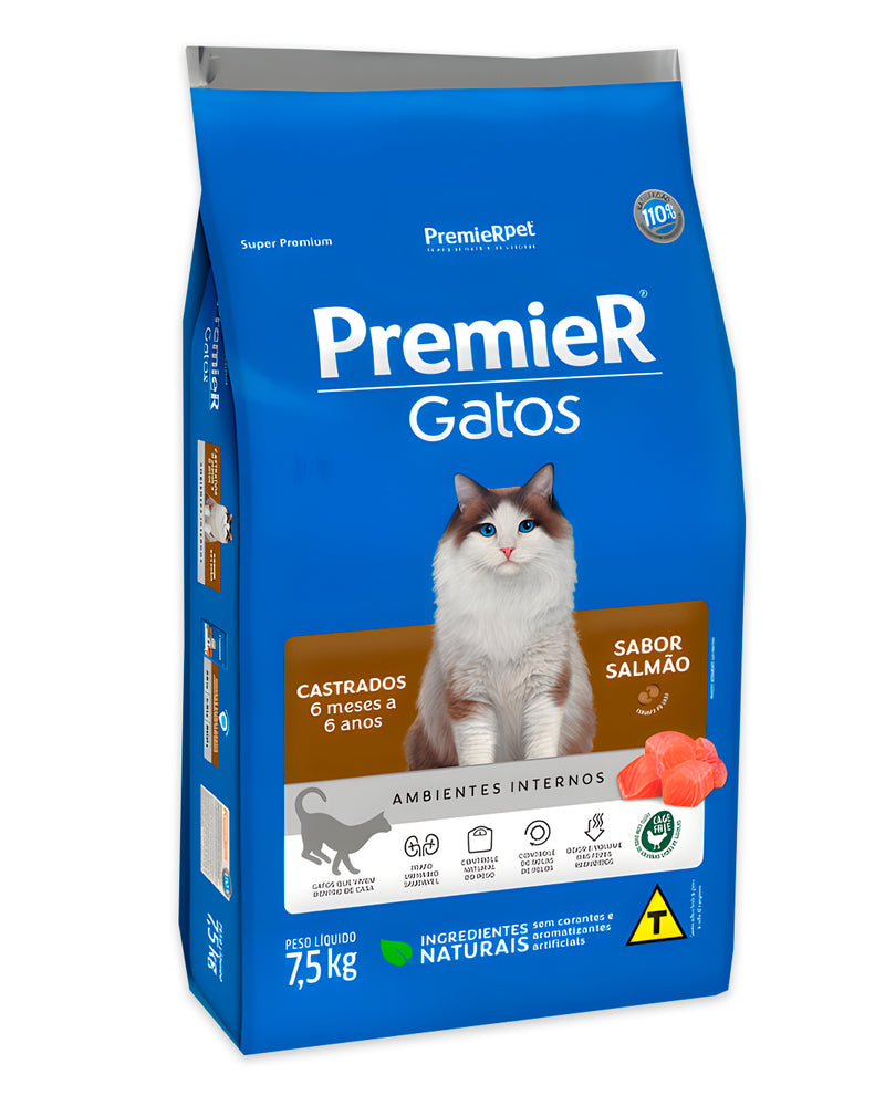 Ração Premier para Gatos Castrados de 6 meses a 6 anos Sabor Salmão 7,5kg