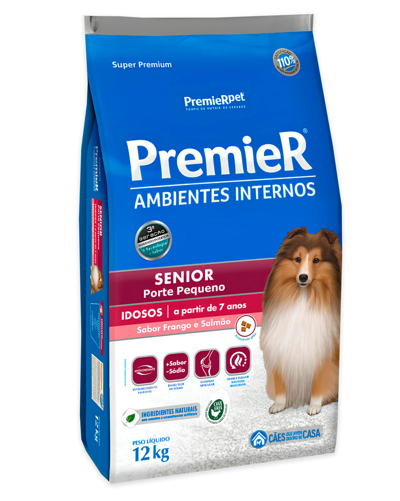 Ração Premier Senior Ambientes Internos para Cães Adultos 7+ Sabor Frango e Salmão 12kg